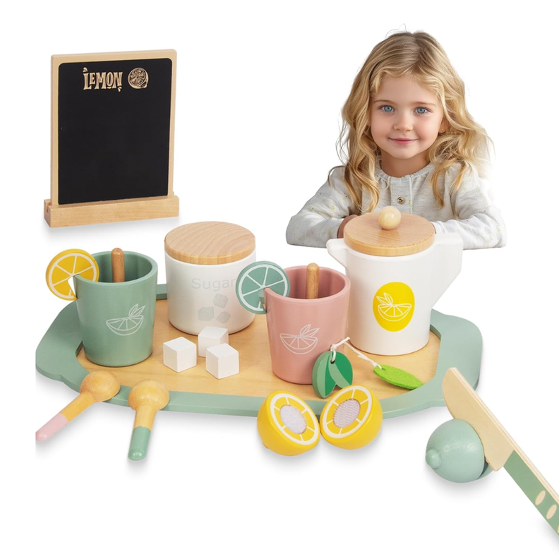 Juego tacitas de madera. Bandeja de té de madera Montessori. Juego de roles.-1