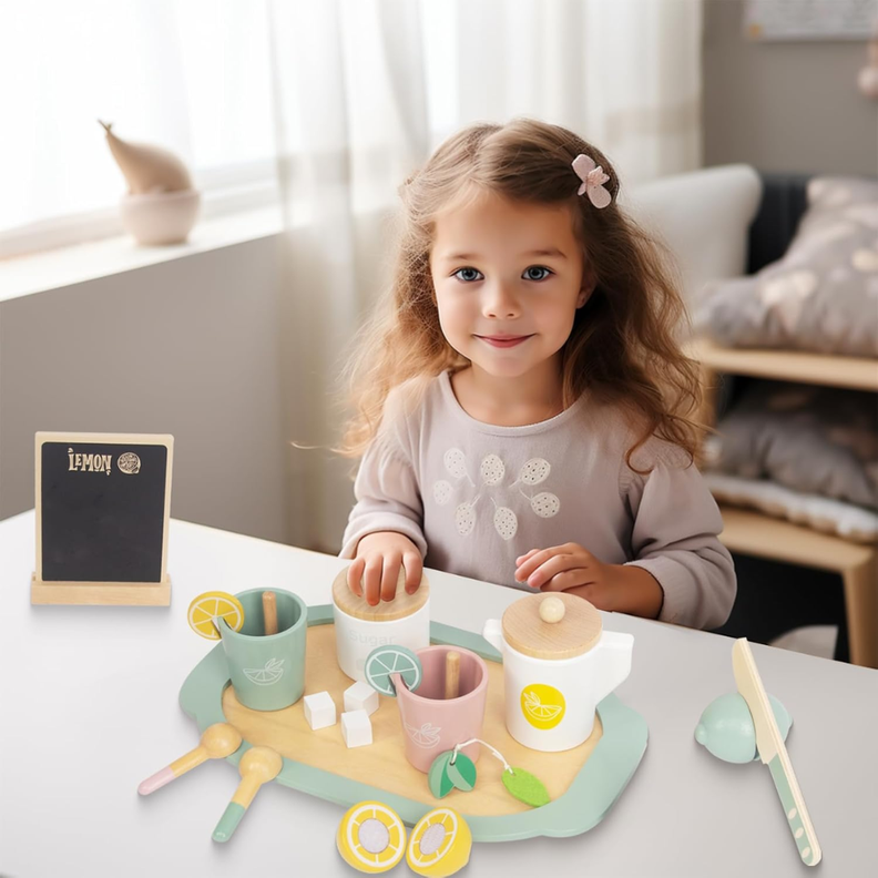 Juego tacitas de madera. Bandeja de té de madera Montessori. Juego de roles.-2