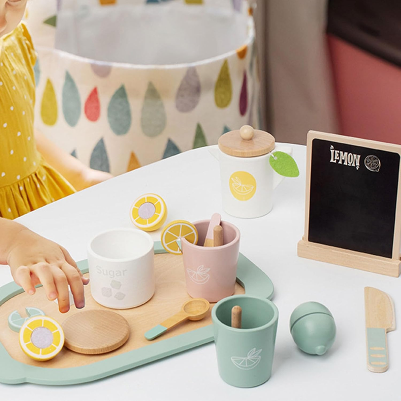 Juego tacitas de madera. Bandeja de té de madera Montessori. Juego de roles.-3