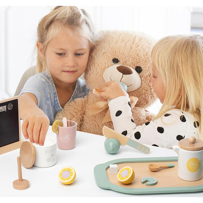 Juego tacitas de madera. Bandeja de té de madera Montessori. Juego de roles.-4