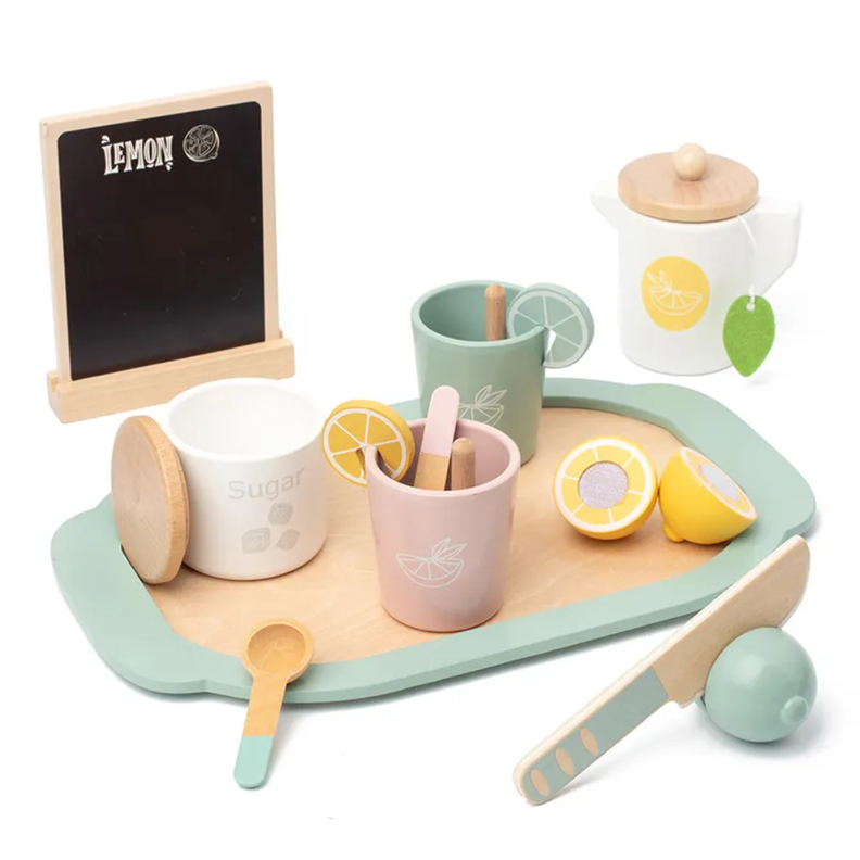 Juego tacitas de madera. Bandeja de té de madera Montessori. Juego de roles.-6