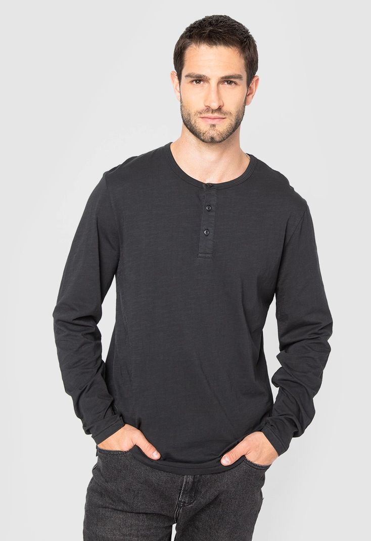 Polera Manga Larga Henley Negra Black Bubba-0