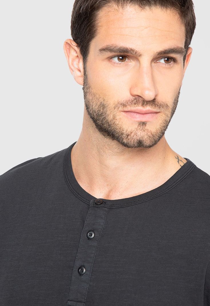 Polera Manga Larga Henley Negra Black Bubba-4