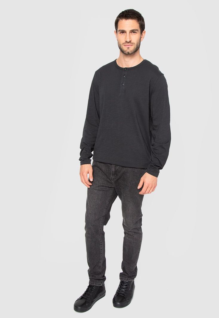 Polera Manga Larga Henley Negra Black Bubba-5