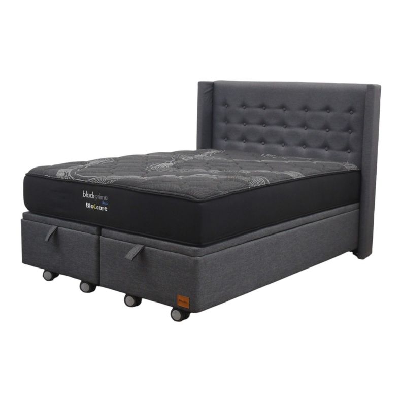 Cama Baul Super King L200 cm Colchon Black Prime Modelo Uno Respaldo Rueda Logo Gris