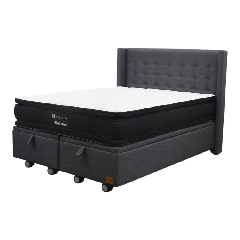 Cama Baul 2 Plaza L190 cm Colchon Black Prime Modelo Dos Respaldo Rueda Logo Gris