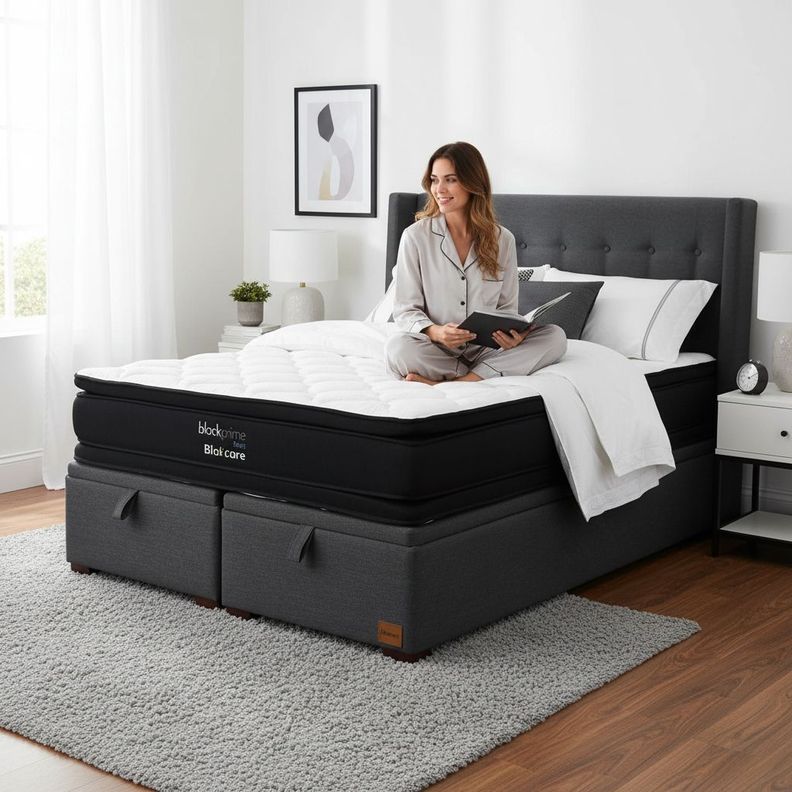 Cama Baul 2 Plazas L200 cm Colchon Black Prime Modelo Dos Respaldo Con Pata 4 5 cm Gris