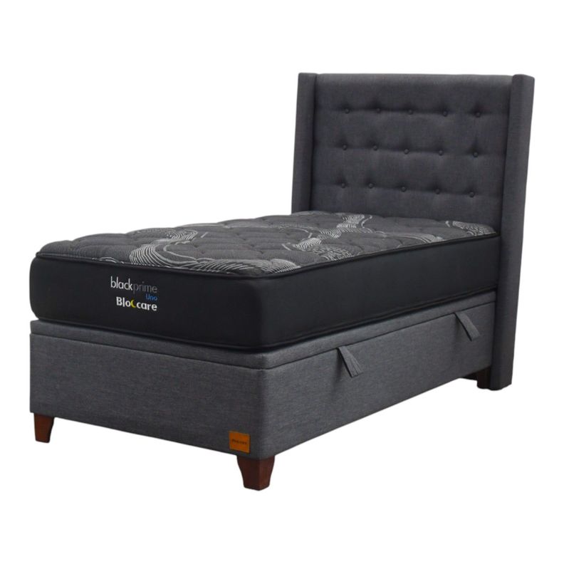 Cama Baul 1 Plaza L200 cm Colchon Black Prime Modelo Uno Respaldo Con Patas de 11 cm Gris