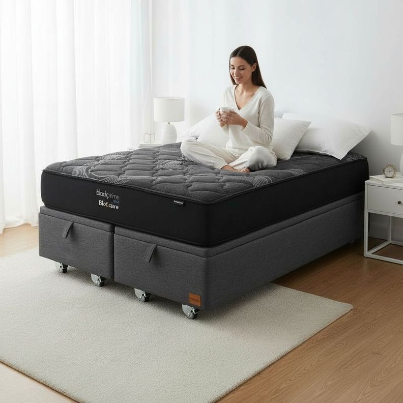 Cama Baul 2 Plazas L190 cm Colchon Black Prime Modelo Uno Rueda Logo Gris