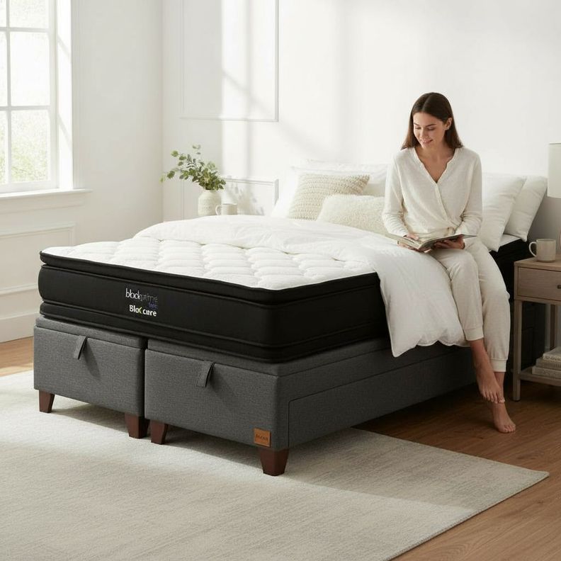 Cama Baul Super King L200 cm Colchon Black Prime Modelo Dos Con Patas De Madera 11 cm Gris