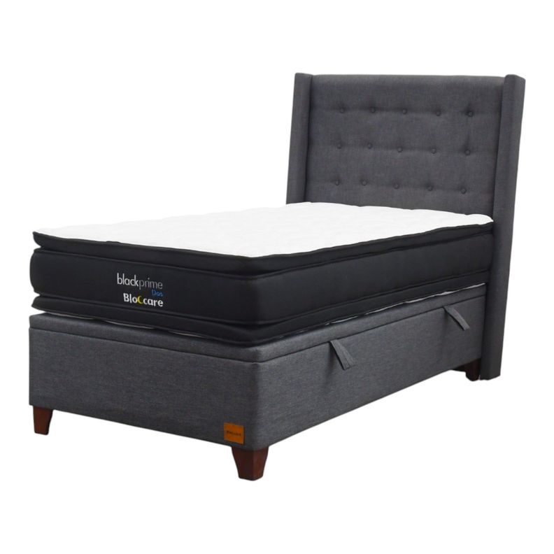 Cama Baul 1 5 Plaza L190 cm Colchon Black Prime Modelo Dos Respaldo Con Pata de 11 cm Gris