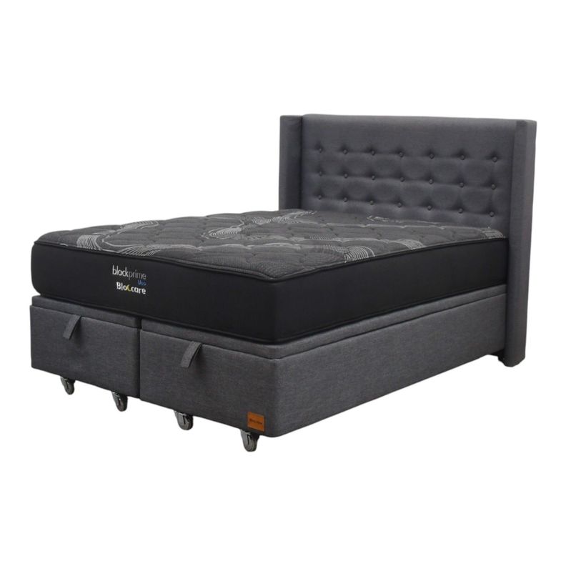 Cama Baul King L200 cm Colchon Black Prime Modelo Uno Respaldo Rueda Pyton Gris