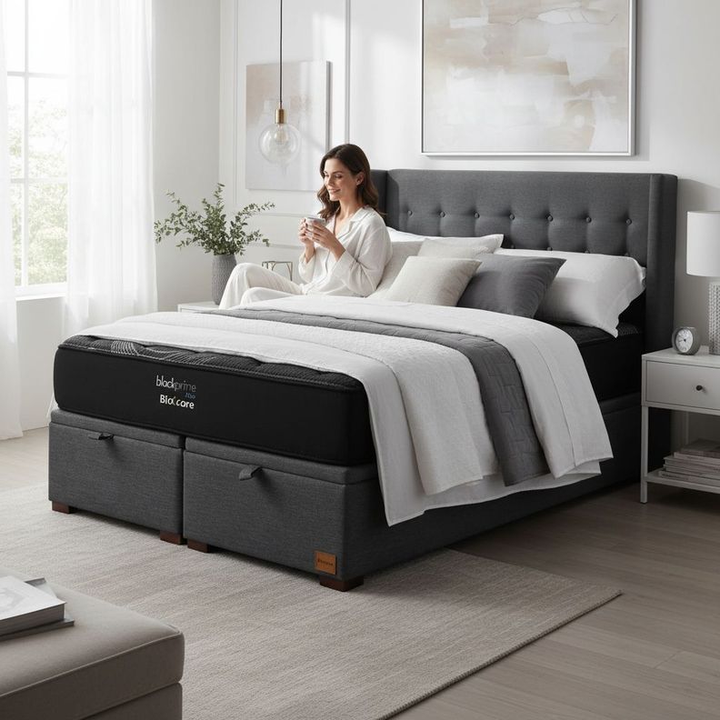 Cama Baul King L200 cm Colchon Black Prime Modelo Uno Respaldo Con Pata de 11 cm Gris