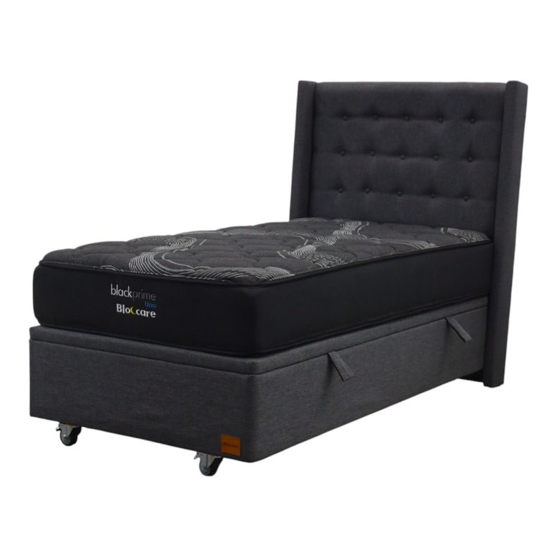 Cama Baul 1 Plaza L200 cm Colchon Black Prime Modelo Uno Respaldo Rueda Deluxe Gris