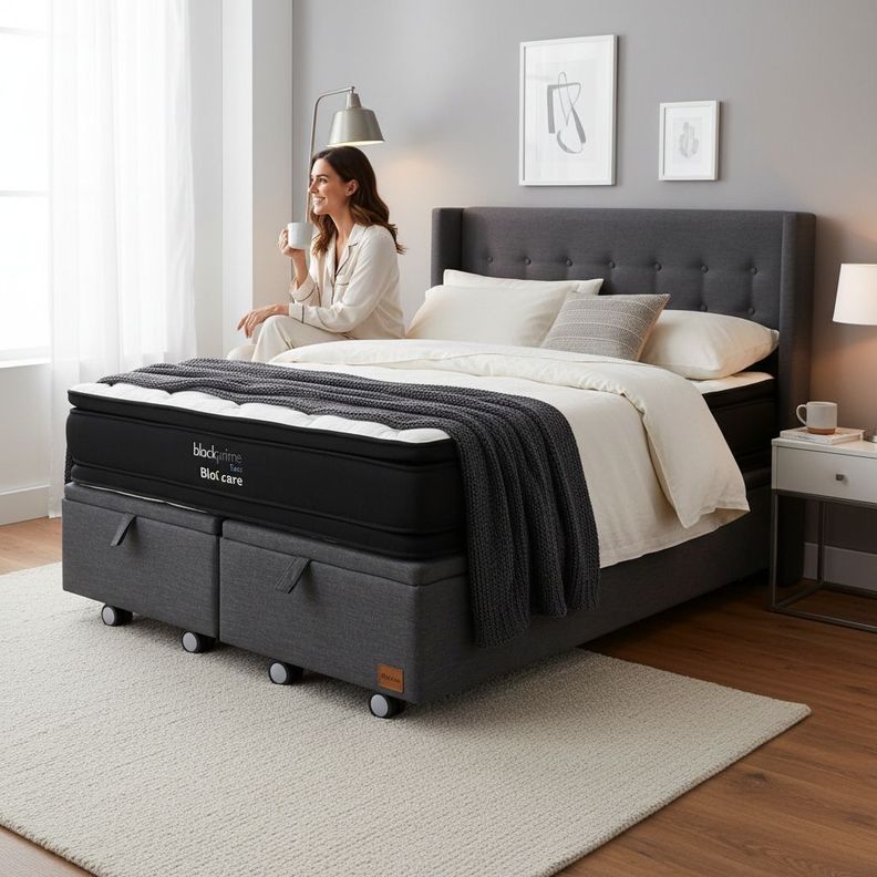 Cama Baul Super King L200 cm Colchon Black Prime Modelo Dos Respaldo Rueda Logo Gris