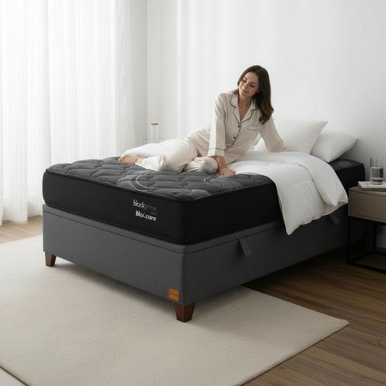 Cama Baul 1 Plaza L190 cm Colchon Black Prime Modelo Uno Con Patas De Madera 11 cm Gris
