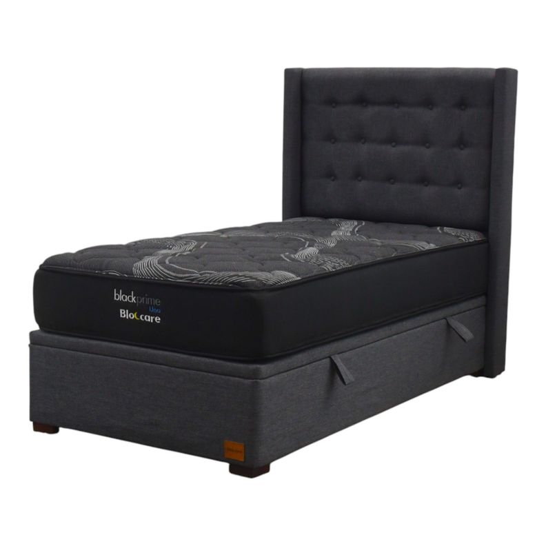 Cama Baul 1 5 Plaza L190 cm Colchon Black Prime Modelo Uno Respaldo Con Pata 4 5 cm Gris