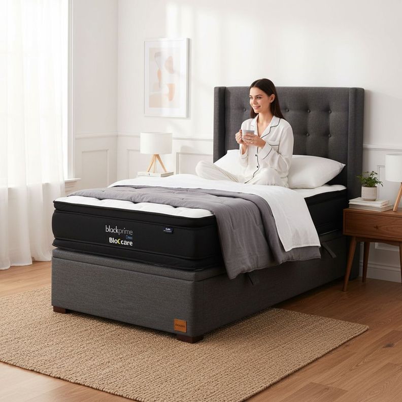 Cama Baul 1 5 Plaza L200 cm Colchon Black Prime Modelo Dos Respaldo Con Pata de 11 cm Gris