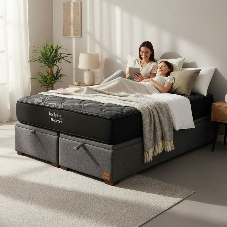Cama Baul 2 Plazas L200 cm Colchon Black Prime Modelo Uno Con Patas De Madera 4 5 cm Gris