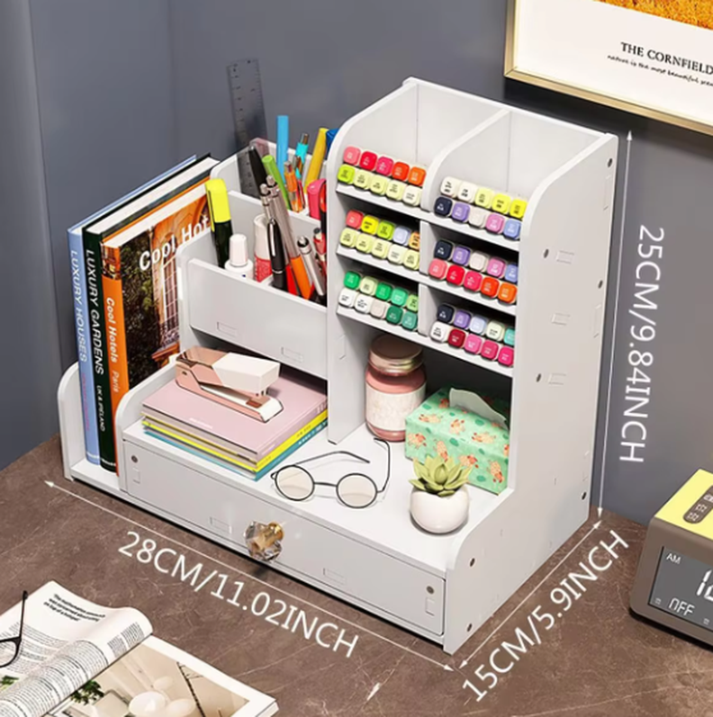 Organizador Multiusos Blanco con Cajón y Soporte para Libros-1