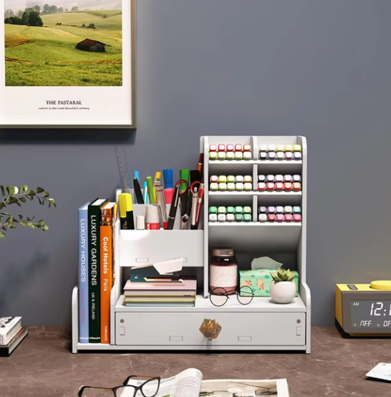 Organizador Multiusos Blanco con Cajón y Soporte para Libros-2