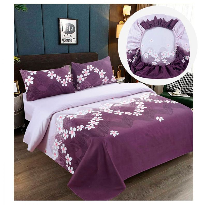 Sabanas Premium 100% Algodón 1.5 Plazas - Morado Flores-1