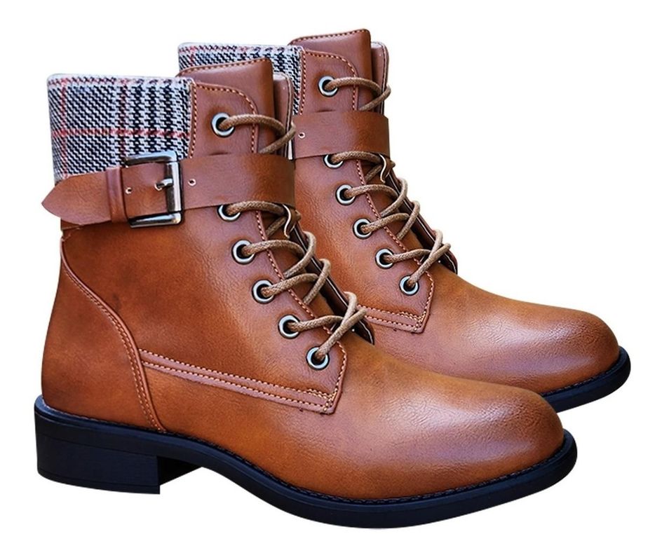 Botin Mujer De Cuero Pu Con Diseño Escoces Casual - 7146-2