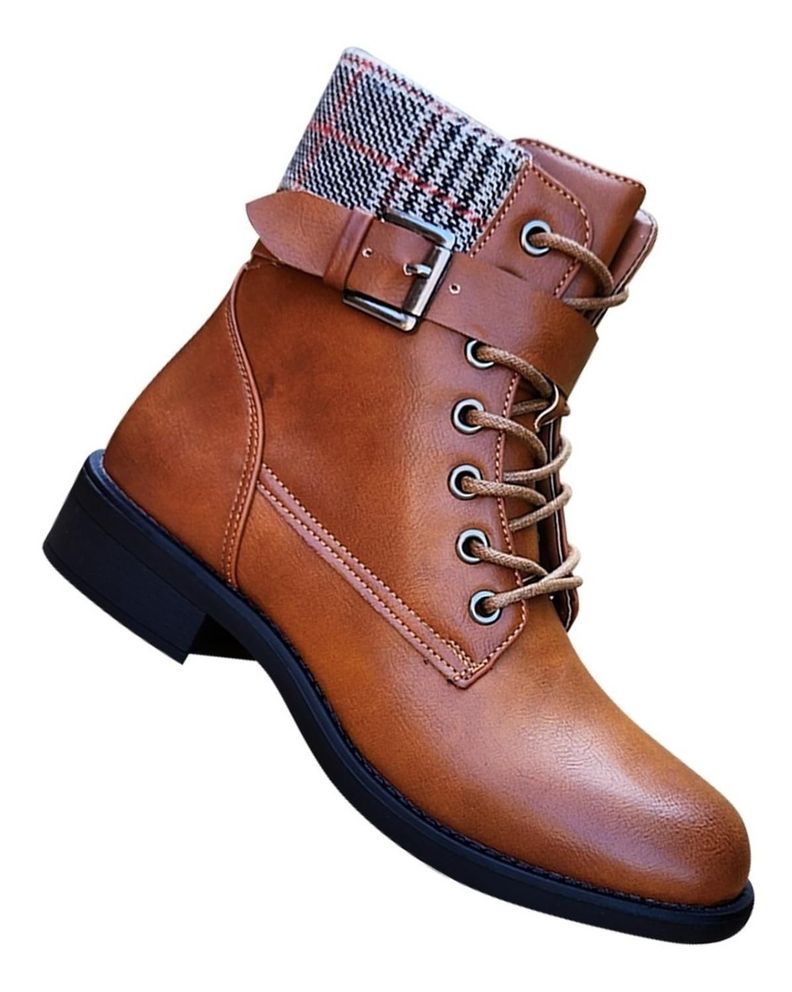 Botin Mujer De Cuero Pu Con Diseño Escoces Casual - 7146-0