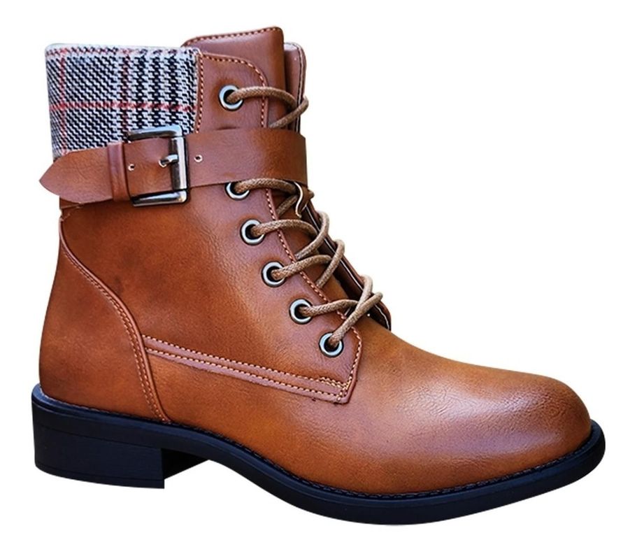 Botin Mujer De Cuero Pu Con Diseño Escoces Casual - 7146-1