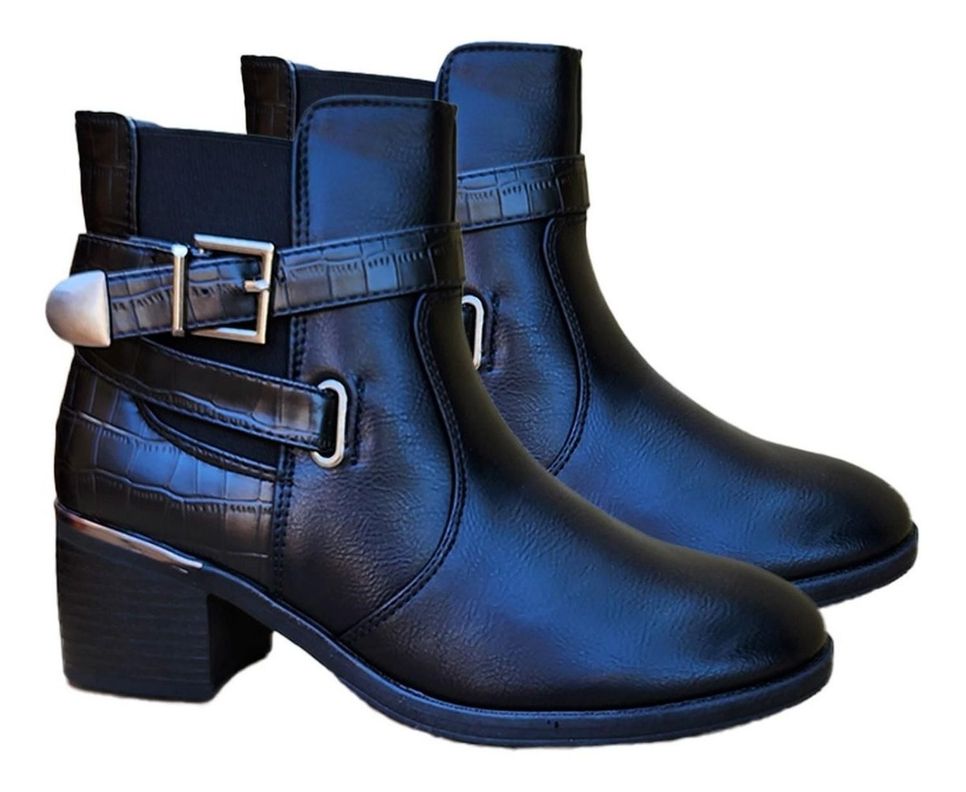 Botin Media Caña Cuero Pu Mujer Casual Otoño Invierno Negro - 7136-2