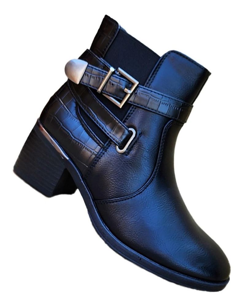 Botin Media Caña Cuero Pu Mujer Casual Otoño Invierno Negro - 7136-0