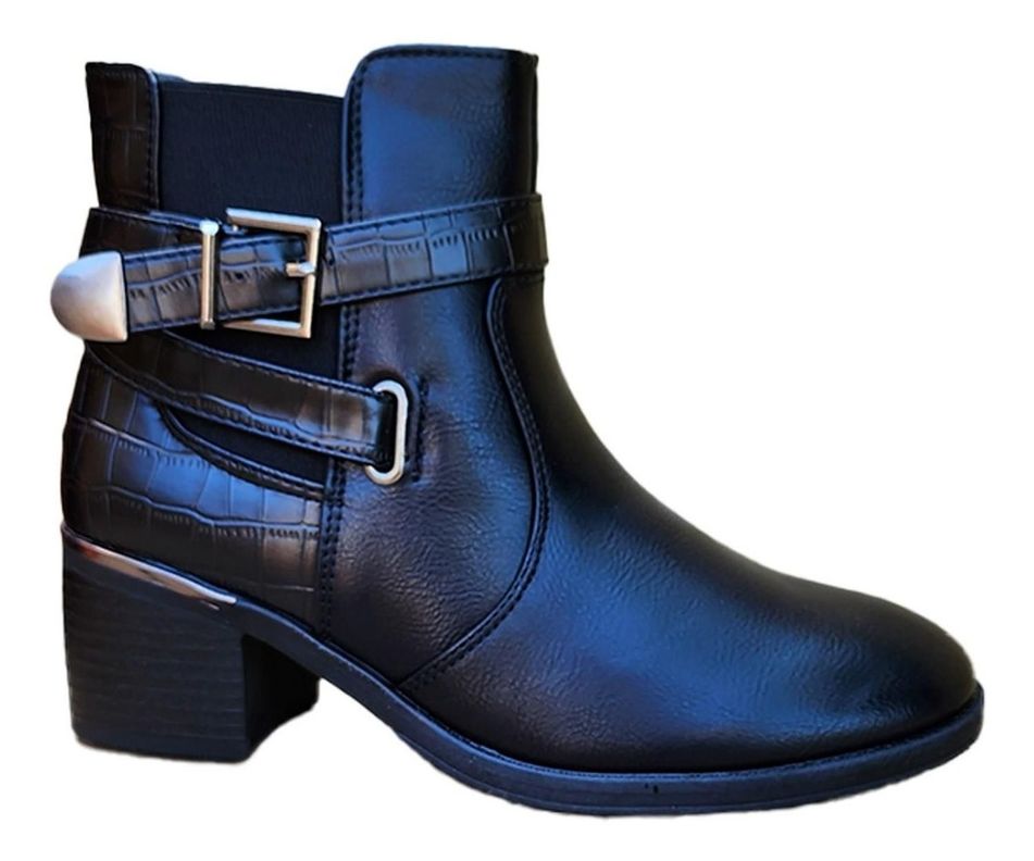 Botin Media Caña Cuero Pu Mujer Casual Otoño Invierno Negro - 7136-1