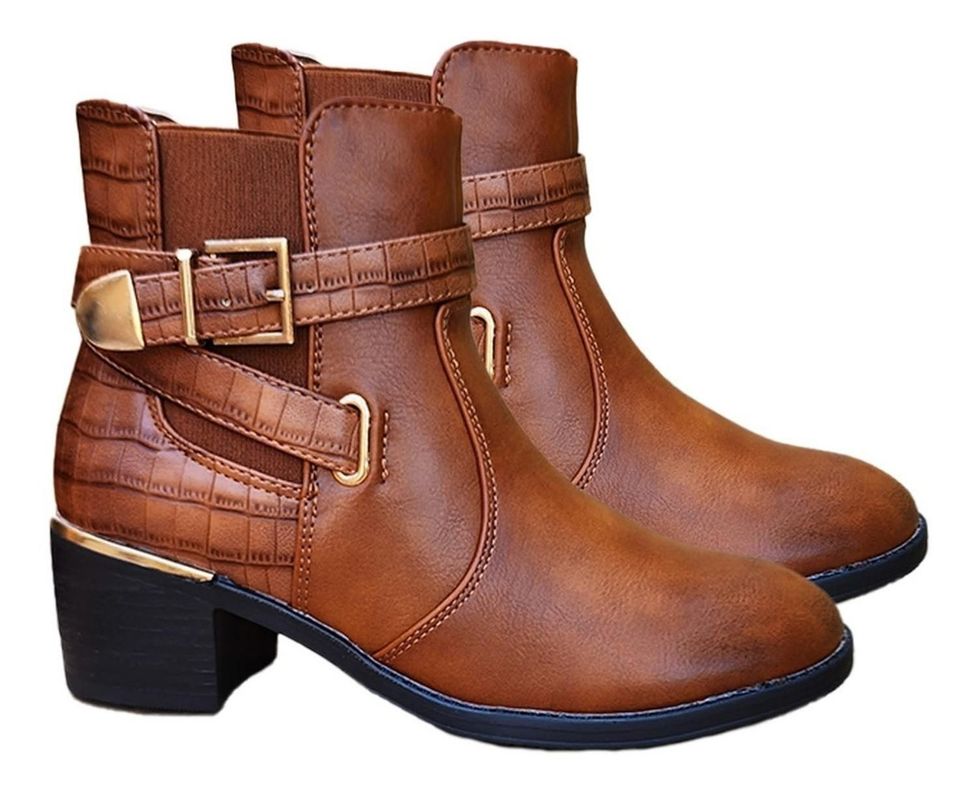Botin Media Caña Cuero Pu Mujer Casual Otoño Invierno Camel - 7137-2