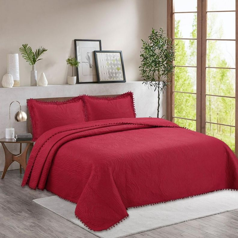 Cubrecama Quilt De Verano King 2.5 Plazas Pompones Burdeo-0