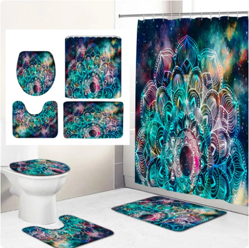 Cortina De Ducha + Set De Alfombra + Tapete Baño Mandala Multicolor-1