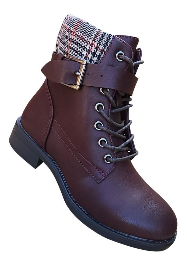 Botin Mujer De Cuero Pu Con Diseño Escoces Casual Marrón - 7145-0