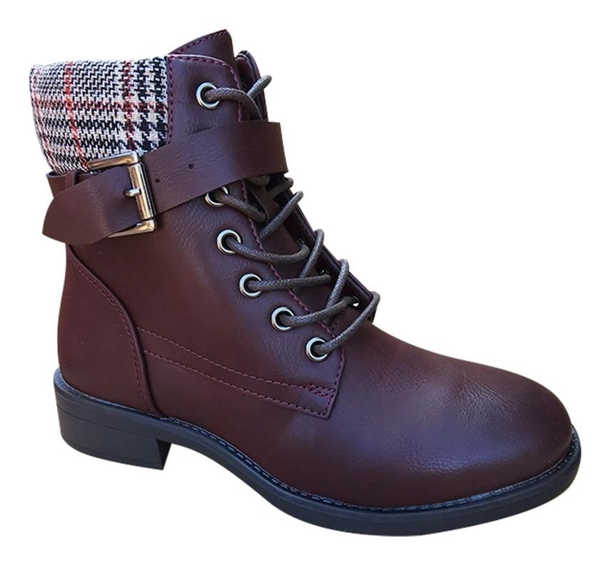 Botin Mujer De Cuero Pu Con Diseño Escoces Casual Marrón - 7145-1