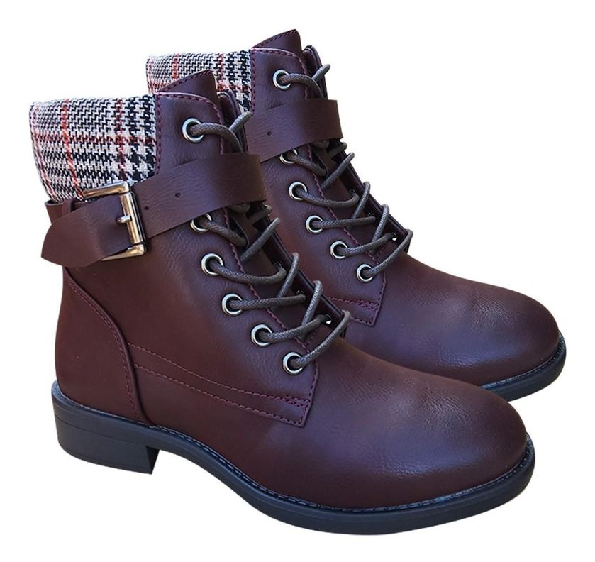 Botin Mujer De Cuero Pu Con Diseño Escoces Casual Marrón - 7145-2