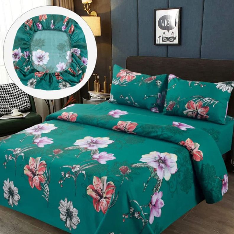 Sabanas Premium 100% Algodón 1.5 Plazas - Turquesa Flores-0