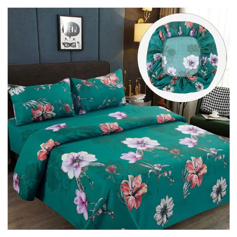Sabanas Premium 100% Algodón 1.5 Plazas - Turquesa Flores-1