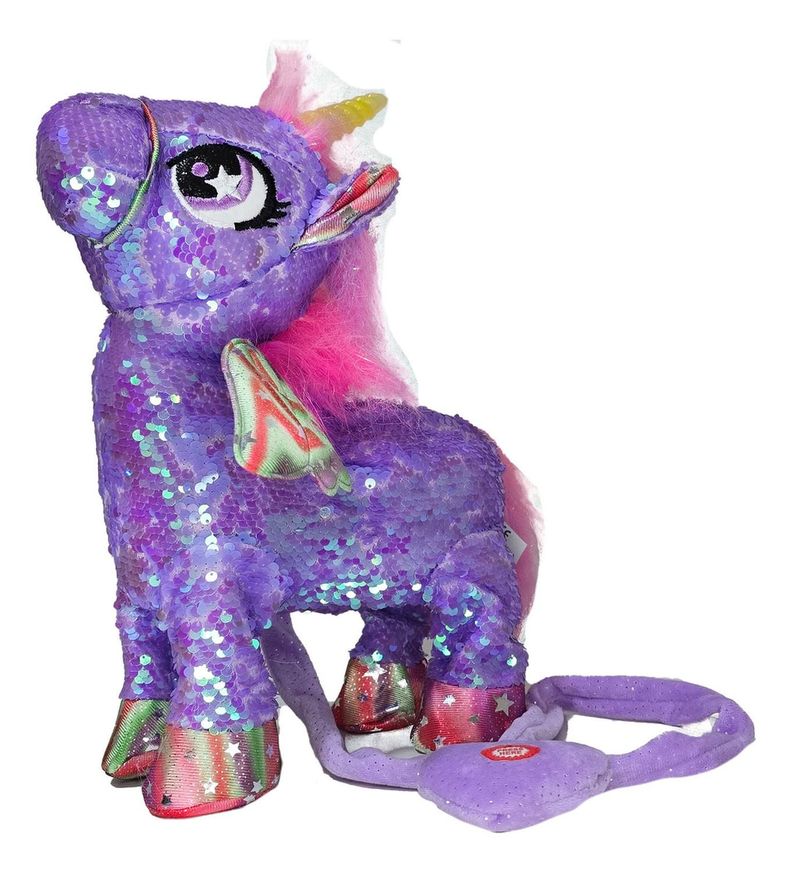 Unicornio Musical Y Bailarin Con Brillos Y Alas 35cm Morado-1