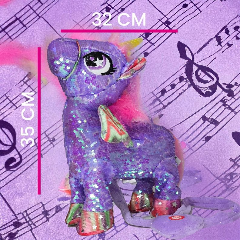 Unicornio Musical Y Bailarin Con Brillos Y Alas 35cm Morado-3