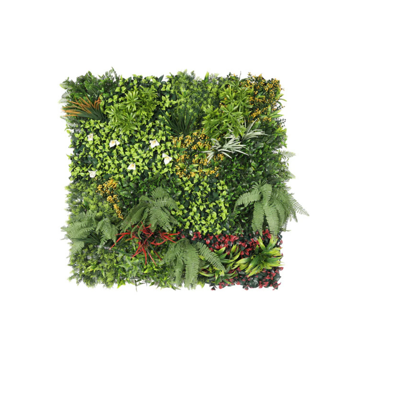 Pasto Mural Artificial Premium Con Flores Blancas Y Ramas Multicolores 100 X 100 cm. Con Protección -0