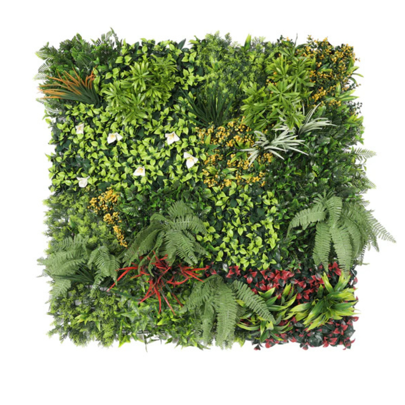 Pasto Mural Artificial Premium Con Flores Blancas Y Ramas Multicolores 100 X 100 cm. Con Protección -1