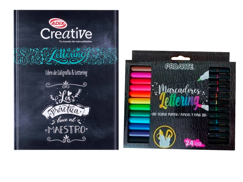 Pack Libro de caligrafia & Lettering N°1 + 24 Marcadores Lettering doble punta  -0
