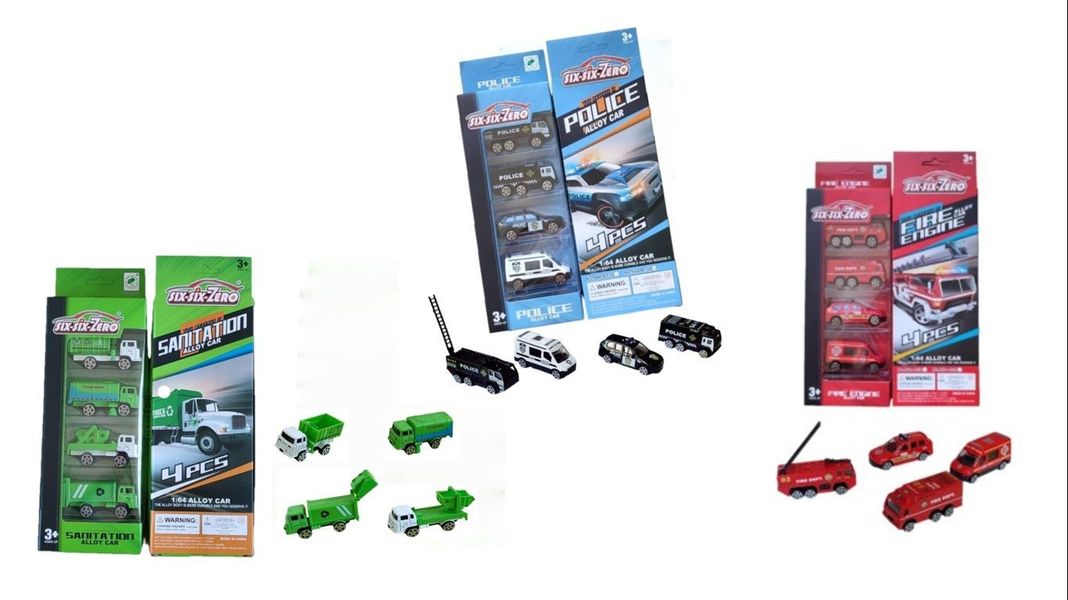 TRIPACK SET DE AUTOS METALICOS,  POLICIA, BOMBERO Y BASURA 1:64-0