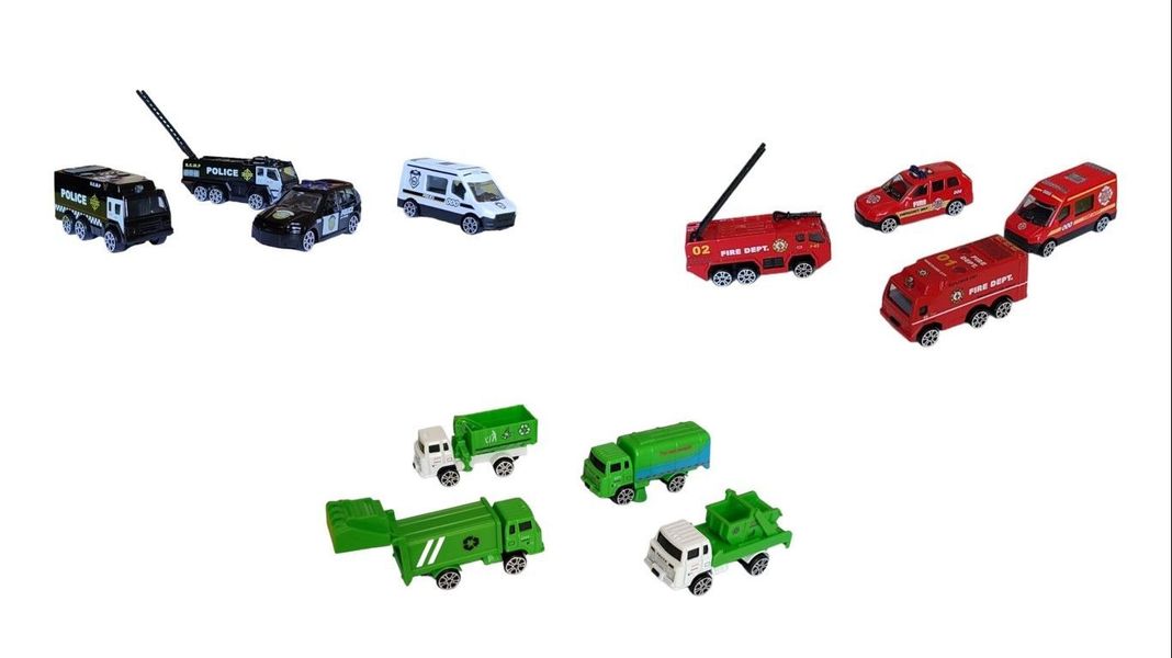TRIPACK SET DE AUTOS METALICOS,  POLICIA, BOMBERO Y BASURA 1:64-1