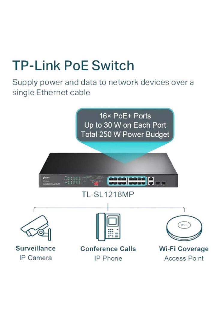 Switch 16 puertos PoE a 10/100 Mbps 2 puertos Gigabit RJ45 2 SFP TP-Link TL-SL1218MP-3