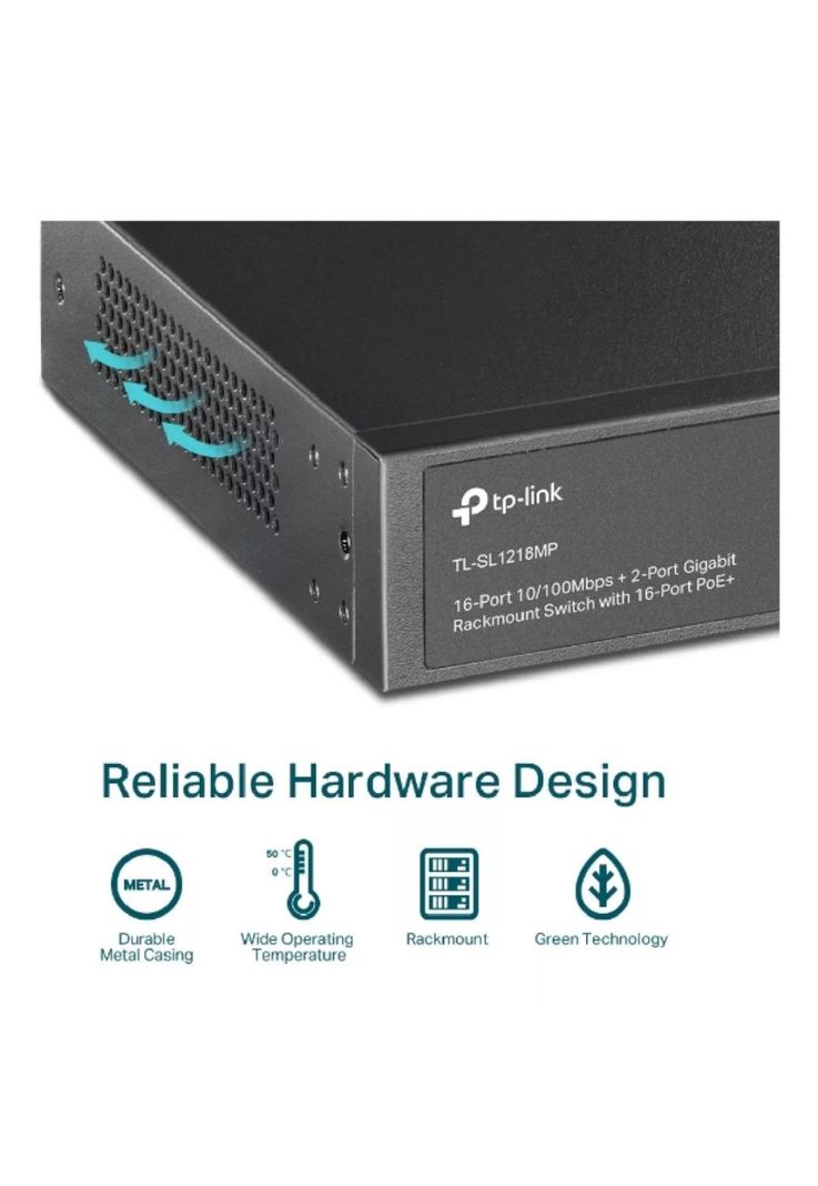 Switch 16 puertos PoE a 10/100 Mbps 2 puertos Gigabit RJ45 2 SFP TP-Link TL-SL1218MP-7