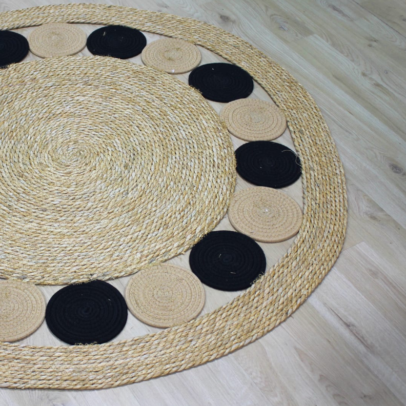 Alfombra Redonda De Yute Borde De Circulos Negro y Franja-3